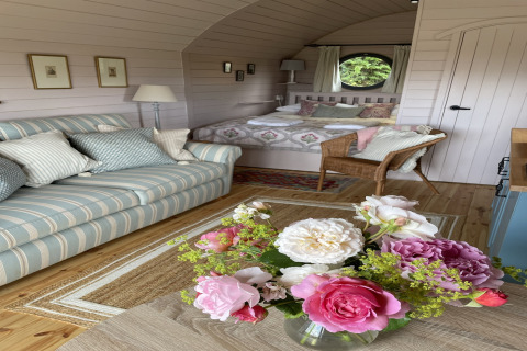 Gezellige inrichting van The Cornflower pod met gestreepte bank, bloemen en comfortabel bed in het VK.