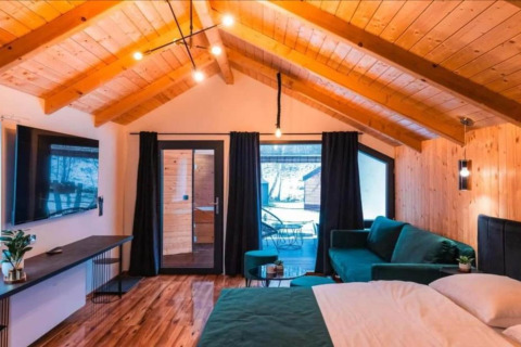 Chambre de chalet moderne avec plafond en bois, lit double, canapé vert, TV et accès à la terrasse.