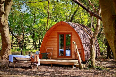 Eadmund Pod, een knusse houten hut in het bos met een picknicktafel en drankjes buiten.
