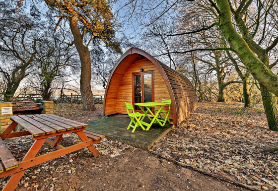 Træ glamping pod med grønne havemøbler og picnicbord i en skov ved Suffolk Woodland Retreat.