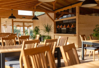 Intérieur de restaurant chalet lumineux avec mobilier en bois et plantes, idéal pour un repas détendu.