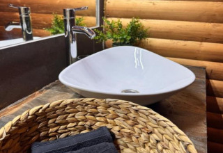 Vasque de salle de bain moderne dans un chalet, panier tressé, plante verte et fond en rondins de bois.