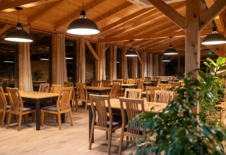 Restaurant intérieur du Halicanum Glamping Peaceful Retreat Resort 16 en Croatie, avec mobilier en bois et plantes.