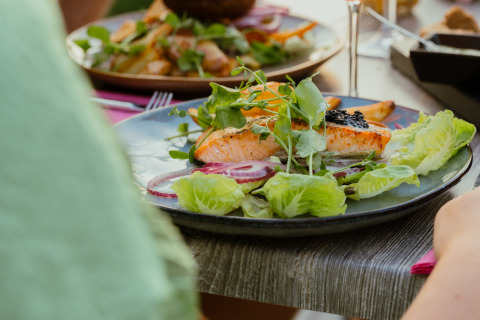 Gegrilde zalm met verse salade en kaviaar bij MarinaPark Residentie Bloemendaal, Noord-Holland.
