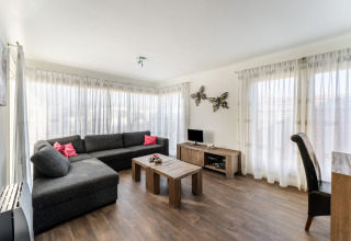 Lichte leefruimte in Luxury chalet 55 met ruime hoekzetel, salontafel en vlindermuurdecoratie.