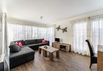 Lyst og moderne stue i Luxury chalet 55 med stor sofa, sofabord og dekorerende sommerfugle på væggen.