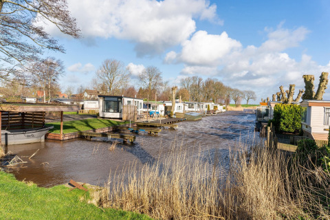 Vista de casas flotantes y chalets de lujo en un canal en los Países Bajos, rodeados de césped y árboles.