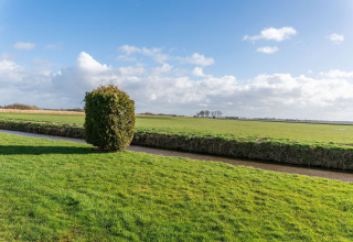 View from Luxury chalet '54 Bantega' in the Netherlands, showing green fields, a bush, and blue sky.