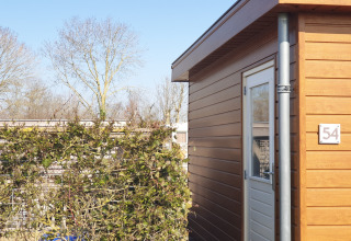 Außenansicht eines modernen Holzchalets mit der Hausnummer 54, umgeben von Büschen und Bäumen.