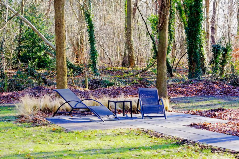 Buiten zitgedeelte met twee ligstoelen en een tafeltje bij bomen bij Charming Tiny House in Nederland.