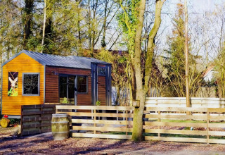 Charming Tiny House de madera con cerca, rodeada de árboles en un entorno tranquilo en los Países Bajos.