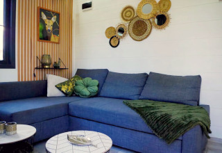 Knusse zithoek van de Charming Tiny House in Nederland met blauwe bank, groene accessoires en wanddecoratie.