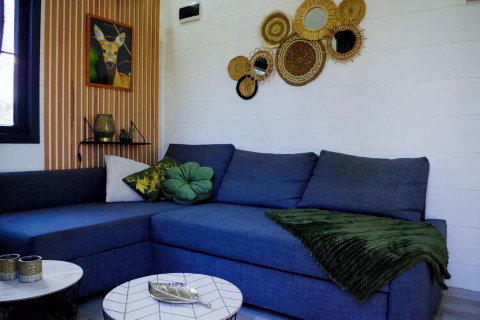 Acogedora sala de estar en una tiny house en Países Bajos, con sofá azul y decoración verde y dorada.