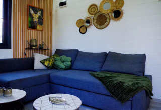 Acogedora sala de estar en una tiny house en Países Bajos, con sofá azul y decoración verde y dorada.