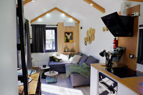 Acogedora tiny house en Países Bajos con sala, cocina pequeña, sofá gris y moderna decoración interior.