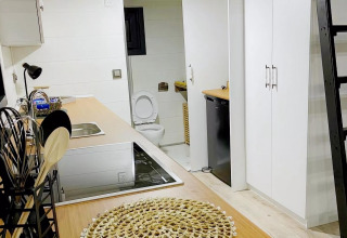 Cocina pequeña y moderna en una tiny house con acceso al baño y escalera a un altillo en los Países Bajos.