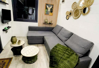 Moderne woonkamer in het Charming Tiny House in Nederland met grijze bank en stijlvolle decoratie.