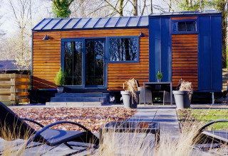 Casa pequeña moderna con revestimiento de madera y grandes ventanales en un jardín en los Países Bajos.