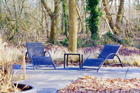 Dos tumbonas azules y una mesa en una terraza en el bosque en Charming Tiny House, Países Bajos, en otoño.