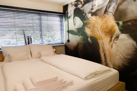 Slaapkamer in Dutch Cabin Houses C66 in Nederland met wit beddengoed en grote geitenmuurprint.