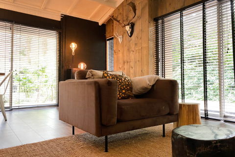 Moderne lodge woonkamer met bruine fauteuil, houten wanden en grote ramen in Dutch Cabin Houses C66.