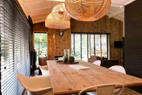 Moderne eetruimte met houten wanden, grote ramen en rotan lampen in Dutch Cabin Houses C66, Nederland.