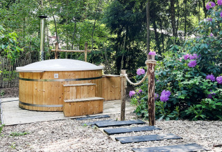 Houten buitenspa met deksel bij Dutch Cabin Houses C66, Nederland, omringd door bloemen en groen.