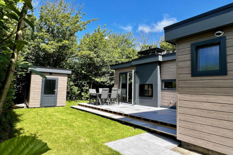 Modern chalet voor 5 personen met tuin, terras en tuinhuisje, omringd door bomen in Nederland.