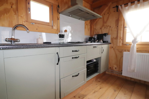 Moderne lodge keuken met groene kasten, fornuis, koffiezetapparaat en houten ramen in Frisian Hideaway.