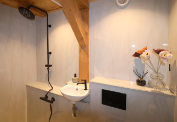 Moderne badkamer met zwarte douche, klein lavabo en bloemen bij Frisian Hideaway in Nederland.