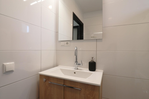 Baño moderno con lavabo blanco, gabinete de madera y dispensador de jabón en Scenic Stay with en los Países Bajos