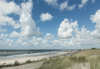 Vue depuis une maison de plage sur des dunes de sable, herbes hautes et ciel nuageux en bord de mer.