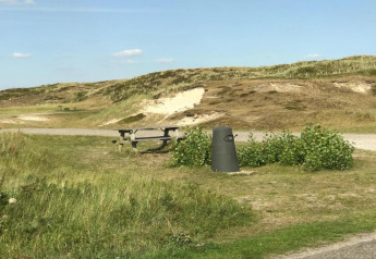 Paesaggio di spiaggia con tavolo da picnic, bidone dei rifiuti e dune sabbiose sotto un cielo sereno.