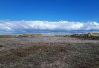Aussicht von einem Strandhaus auf Grasflächen, kleine Teiche und Dünen unter blauem Himmel mit Wolken.