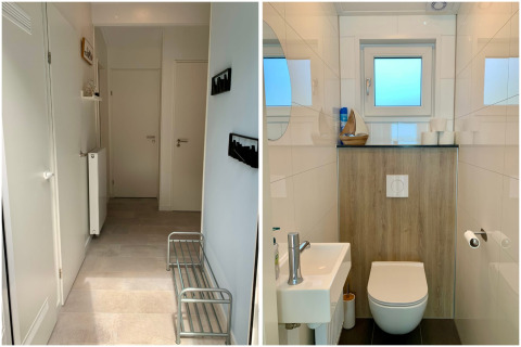 Recibidor y baño moderno en un chalet de los Países Bajos con decoración minimalista y luminosa.