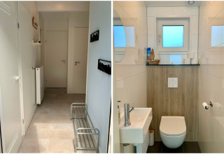 Entrée et salle de bains moderne dans un chalet aux Pays-Bas, décoration minimaliste, ambiance lumineuse.