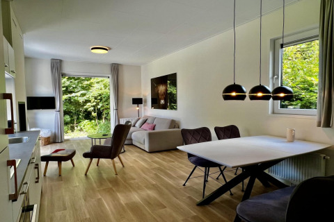 Helles Wohnzimmer im Unique Chalet für 5 mit Esstisch, großen Fenstern und Blick auf den Garten, Niederlande.