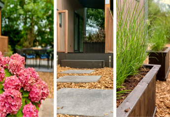 Tres imágenes de un chalet moderno con terraza, jardines y flores en los Países Bajos.