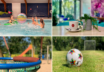 Vier impressies bij Modern chalet met terras in Nederland: zwembad, koffie, speeltuin en voetbalveld.