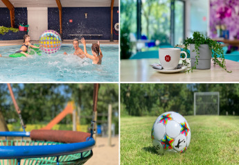 Vier Fotos im Modern Chalet mit Terrasse in den Niederlanden: Pool, Kaffee, Spielplatz und Fußballfeld.