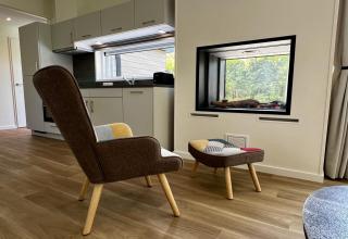 Moderne leefruimte met stoel en voetenbank in een uniek chalet voor 5 personen met tuin in Nederland.