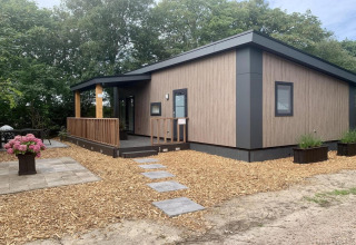 Modernes Chalet mit Terrasse und Veranda, umgeben von Bäumen in den Niederlanden, Außenansicht.