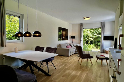 Salon moderne dans un chalet unique pour 5 personnes avec de grandes fenêtres et vue sur jardin aux Pays-Bas.