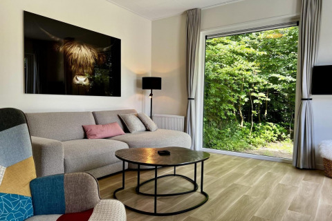 Moderne woonkamer in een uniek chalet voor 5 personen in Nederland met groot raam en zicht op tuin.