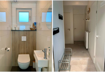 Tweedelige foto van een modern chalet in Nederland met een stijlvolle badkamer en lichte gang.
