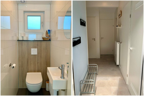 Photo en deux parties d’un chalet moderne aux Pays-Bas, montrant une salle de bain et un couloir lumineux.