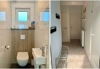 Imagen en dos partes de un moderno chalet en los Países Bajos, muestra un baño elegante y un pasillo luminoso.