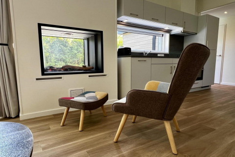 Modern lodge-interieur met comfortabele zetel, haard, keuken en tuinzicht in Nederland.