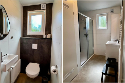 Baño y aseo modernos en un chalet único para 5 personas con jardín en los Países Bajos, azulejos blancos.