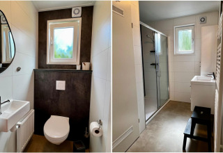 Bagno e toilette moderni in uno chalet unico per 5 persone con giardino nei Paesi Bassi, piastrelle bianche.